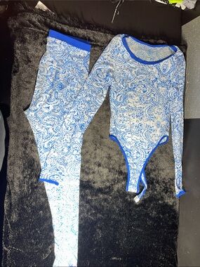 Blue Paisley Long-Sleeve Bodysuit and Legging Set - Women.  Very sexy ladies